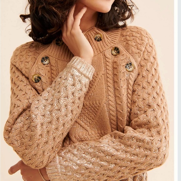 Anthropologie Pilcro Fisherman Tunic Sweater Dress Large Tan & Gold Chunky Knit - Picture 3 of 14